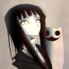 a woman with long black hair and red eyes holding a white cat in her arms