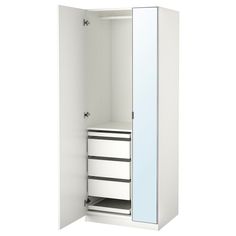 a white cabinet with drawers and a mirror