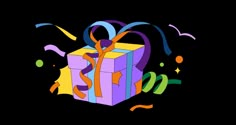 a colorful gift box with ribbons and streamers around it on a white background, surrounded by confetti and streamers