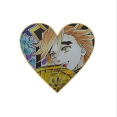 a heart shaped pin with an anime character on it