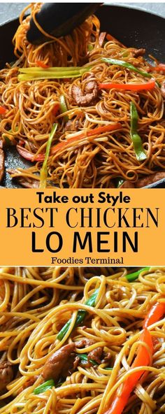 the best chicken lo mein recipe with noodles and carrots in it on a pan