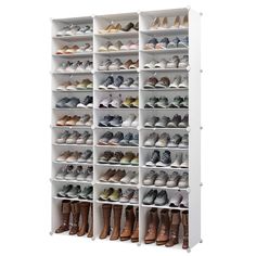 a white shoe rack filled with lots of shoes