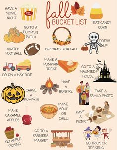 the fall bucket list is shown in this graphic style, with pumpkins and other things to