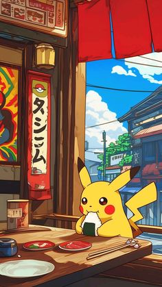 the pikachu is sitting at a table with food in front of him