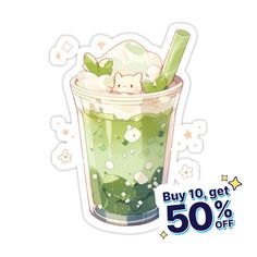 a green drink with ice and mint in it on a white background, with the text buy