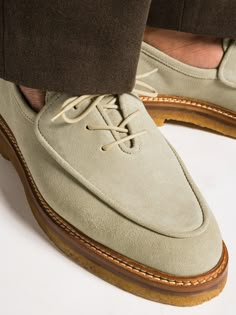 OLIVIER's derby shoes are great for adding a touch of refinement to your casual wardrobe. Constructed using a flexible and lightweight welt, this pair is made from smooth suede and fitted with comfortable natural crepe soles to support your feet throughout the day. Inspired by a Belgian loafer but with the added laces, OLIVIER's derby shoes are perfect for the classic man, but at the same time with a new shape.-Latte suede calf-Natural crepe rubber sole-Blake construction-Comes with dust bag-Mad Luxury Suede Men's Shoes With Textured Sole, Casual Suede Loafers With Brogue Detailing, Suede Leather Shoes With Brogue Detailing, Luxury Suede Loafers With Brogue Detailing, Luxury Vintage Men's Shoes With Leather Sole, Work Shoes Men, Shoes Design Ideas, Mens Loafer, Loafer Shoes For Men