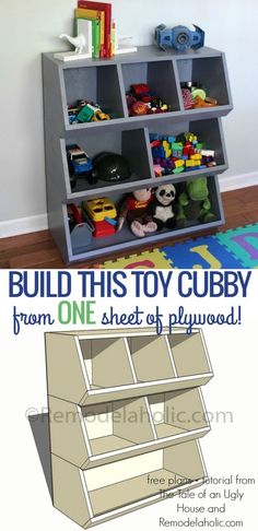 a toy cubby with the words build this toy cubby from one sheet of plywood