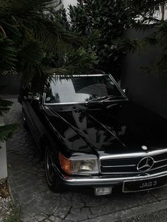 a black mercedes benz parked on the side of a road next to a tree and bushes