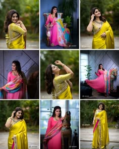 many different pictures of a woman in yellow and pink sari with her hands on her head