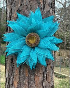 a blue flower on the side of a tree