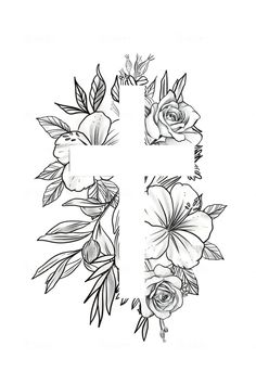 a cross with flowers on it and leaves around the cross is drawn in black ink