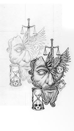 a black and white drawing of an old man with a clock on his face next to a statue