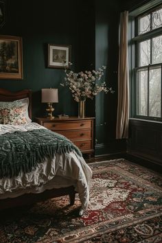 I love moody romantic bedroom design because it creates a cozy and intimate atmosphere that feels perfect for relaxation and introspection. The rich, dark colors and soft lighting evoke a sense of mystery and passion, making it a truly enchanting space to unwind in. Moody Green Decor, Window Placement In Bedroom, Country Aesthetic Home Decor, Cozy Victorian Bedroom, Moody Academia Decor, Green And Gold Room, Antique Furniture Bedroom, Modern Vintage Interior, Dark Green Bedroom Ideas