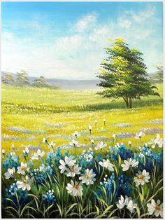 an oil painting of flowers and trees in a field with bluebells, daisies and other wildflowers