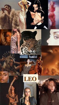 a collage of photos with different women and animals on them, including the words leo