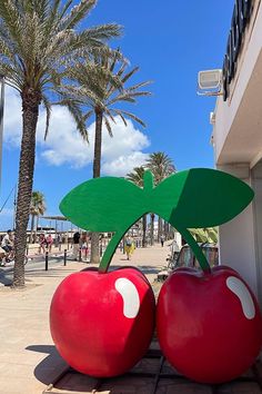 two large red apples sitting next to each other on top of a cement ground near palm trees