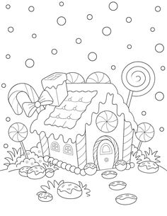 a candy house with lots of candies and lollipops in the snow