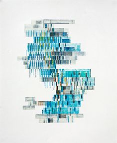 an abstract painting with blue and white lines on the bottom half of it, overlaided with squares