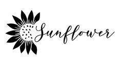 the word sunflower written in cursive writing with a black and white flower