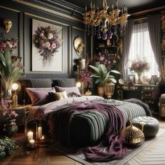 a bedroom decorated in black, gold and purple with lots of flowers on the bed