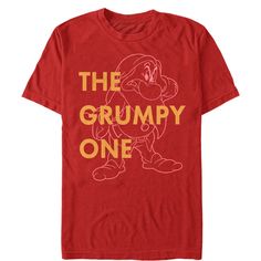 the grumpy one t - shirt is red with yellow lettering on it and an image