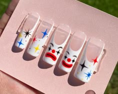 Long Nails Nail Art, Clown Face Nails, Clown Nails Acrylic, Clown Acrylic Nails, Clown Nails Designs, Clowncore Nails, Clown Core Fashion, Clown Nail Art, Best Acrylic Powder