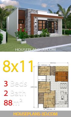 two story house plan with 3 beds and 2 bathrooms in the front, an open floor plan