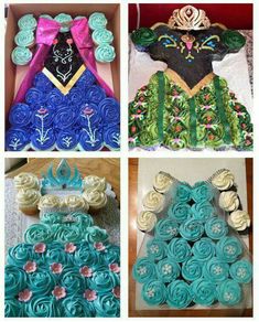 there are four cakes and cupcakes that look like princesses in different designs