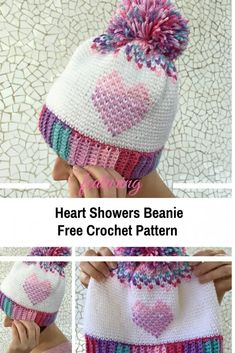 the instructions to crochet a heart - shaped beanie hat with pom pom