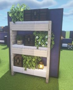 the shelves are filled with plants and pots on top of each other in this minecraft environment