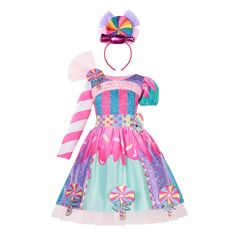 Girl's Unique Design Colorful Candy Dress With Headband Candy Clothes, Candy Costumes, Carnival Dress, Halloween Party Dress, Candy Dress, Baby Party Dress, Blue Costumes, Girls Unique