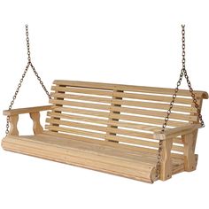 a wooden swing with chains hanging from it