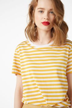 Yellow Striped Shirt Outfit, White Striped Shirt Outfit, Striped Shirt Outfit, Yellow Striped Shirt, Striped Tshirt, Timeless Basics, Fibre And Fabric, Striped Fabrics, Yellow Stripes