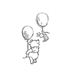 winnie the pooh flying with balloons in his hand and holding on to it's tail