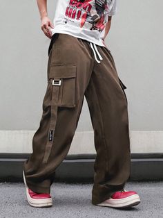 Men's Simple Print Casual Cargo Pants Brown Casual   Woven Fabric Letter Wide Leg Non-Stretch  Men Clothing, size features are:Bust: ,Length: ,Sleeve Length: Cargo Pants Brown, Brown Cargo Pants, Casual Cargo Pants, Pants Brown, Fabric Letters, Simple Prints, S Models, Cargo Pants