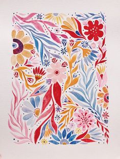 a watercolor painting of flowers and leaves on white paper with red, yellow, blue, pink, orange