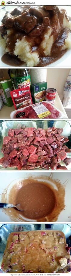 four pictures showing different types of food being prepared in the oven, including meat and gravy