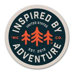 the inspired by adventure sticker is shown in black and orange, with trees on it