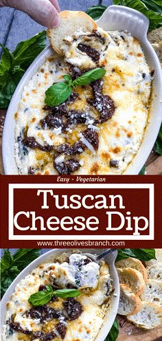 this is an image of a cheese dip with spinach and olives on it