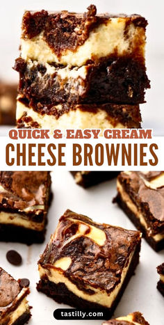 cheese brownies stacked on top of each other with the words quick and easy cream cheese brownies