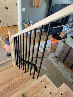 staircase update adding new iron balusters Cheap Bannister Ideas, Diy Wood Stair Railings, How To Replace Stair Banister, Before After Staircase Stair Makeover, Basement Stair Spindles, Stairs Modern Farmhouse, How To Remodel Staircase, Diy Iron Stair Railing, Bannister Ideas Staircase Makeover