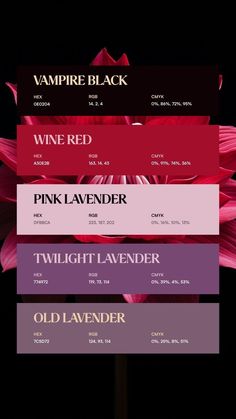 the wine list for pink lavender, twilight lavender and old lavender is displayed on a black background