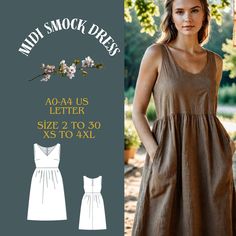 Midi Smock Linen Dress, Linen Midi Gathered Dress Sewing Pattern, Cottagecore dress, Shift Dress, Gathered Dress,Boho Dress,Women Dress 2 to 30 and XS to 4XL Pattern and sewing instructions are in English US Sizes: 2, 4, 6, 8, 10, 12, 14,16,18,20,22,24,26,,28,30 Standard Sizes: XS, S, M, L,XL,2XL,3XL,4XL These patterns are suitable for A4, A0, and US Letter size papers. Once your payment is processed, you will automatically receive download links for the pattern files. Please note that you can o Milkmaid Dress Sewing Pattern, Linen Patterns Sewing, Boho Sewing Patterns, Linen Sewing Patterns, Cottagecore Dress Pattern, Summer Dress Sewing Pattern, Boho Dress Pattern, Linen Dress Pattern, Shift Dress Pattern