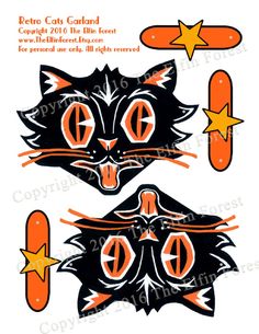 an orange and black cat with stars on it's head is next to another sticker