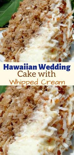 hawaiian wedding cake with white frosting on a plate