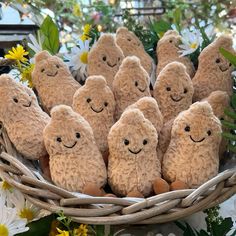 a bunch of stuffed animals sitting in a basket with daisies and daisies around them