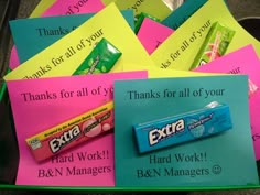 several post it notes with candy on them and thank you for all of your work