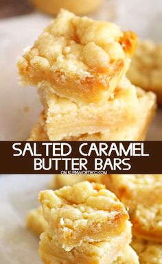 salted caramel butter bars stacked on top of each other with text overlay