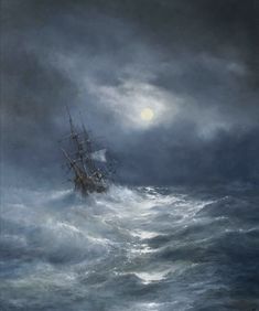 an oil painting of a ship in rough seas under a full moonlit cloudy sky