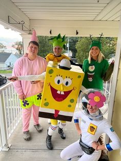 three people in costumes standing on a porch with one person dressed as a spongebob